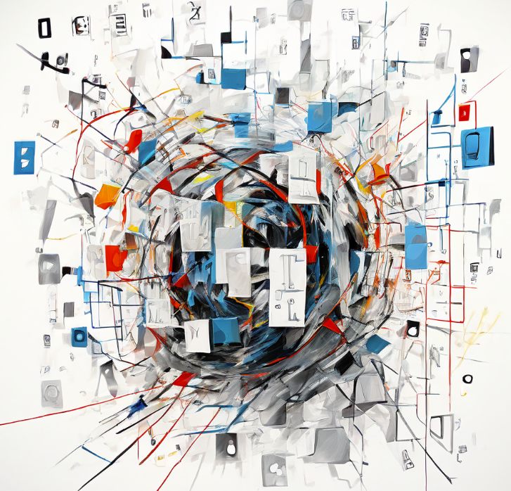 Order in Chaos: an abstract painting of paper scraps and blue and red squares swirling around a dark centre, settling into order at the edges.